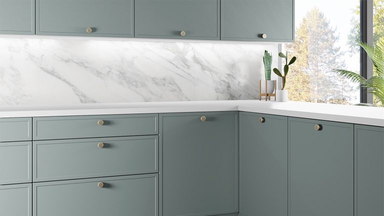 Side profile of fjord blue IKEA kitchen fronts PT5005