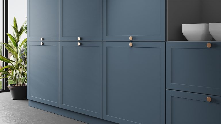 Close-up of Parisian blue IKEA kitchen doors PT5024