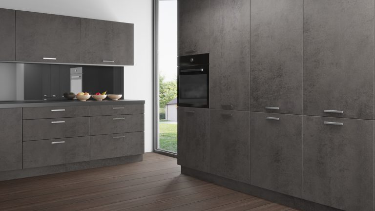 Dark concrete IKEA replacement kitchen cabinet doors – modern stone finish